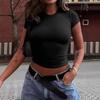 Europe and the United States Popular Solid Color Round Neck Thread Pit Strip Short T-shirt Factory