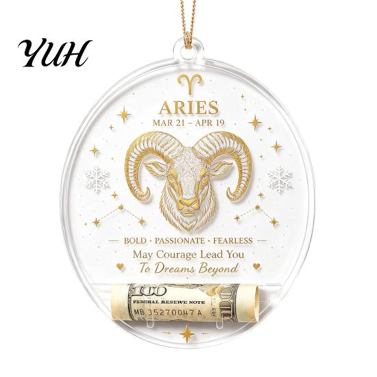 Gift Box Accessories Christmas Tree Money Holder Pendant, Transparent Acrylic Round Hanging Ornament, 12 Festive Home Decor Zodiac Signs Theme