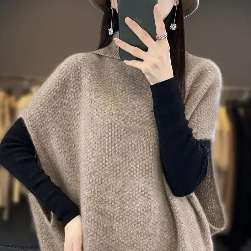 Dámske svetre s netopýrimi rukávmi Pletený sveter Bežný vysoký golier Elegantné jednofarebné svetre Voľný bez rukávov Vesta Pulóver 3XL ťava