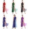 S-XXL Women's Modern Dance Leotard Dress: Sleeveless Rhinestone Color Block Mesh Slit Hem Bodysuit for Contemporary Performance
