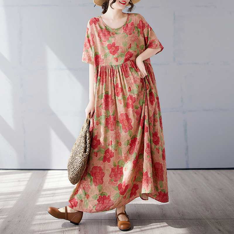 Simple and Fashionable Long Skirt Summer Short Sleeved Round Neck Printed Dress