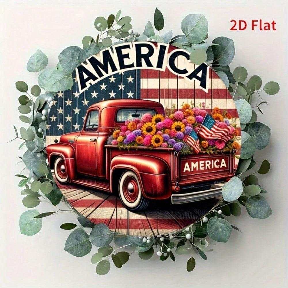 1pc Patriotic Red Truck Metal Sign with Floral Wreath, Round Wall Decor for Home Patio Garage Bar
