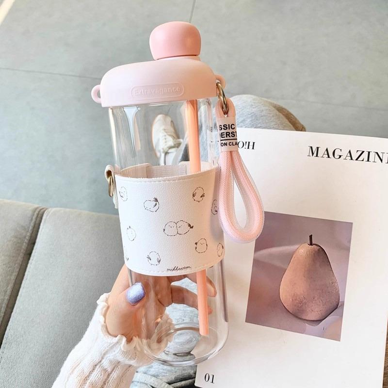 Cute Cats Glass Water Bottle With Straw Sleeve Strap 500/850ml Coffee Juice Tea Glass Cup Tumbler Girl Drinking Bottle BPA Free