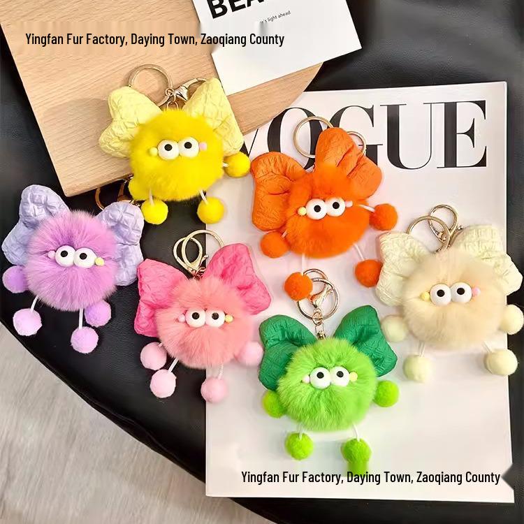Rex Rabbit Plush Bow Ornament Keychain - Cute Soot Sprite Pendant