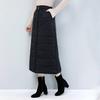 Women Skirt High Waist Solid Color Zipper Closure Midi Skirt with Side Pockets Thickened Warm A-Line Quilted Texture Skirt