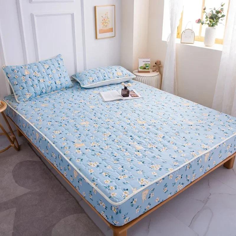 Thick Quilted Mattress Cover, Stitched Bed Linen, Printed Bedding, Large Non-Slip Bed Sheet, Dust Cover Without Pillowcase
