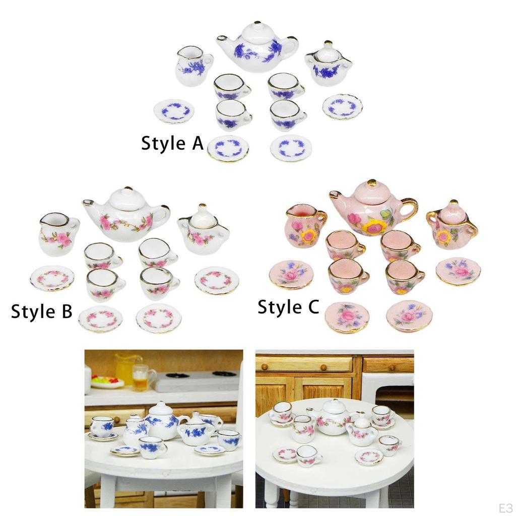 11 Pieces Mini Dollhouse Tea Set Ornament Kitchen Decorated Playset Ceramic Party Accessories