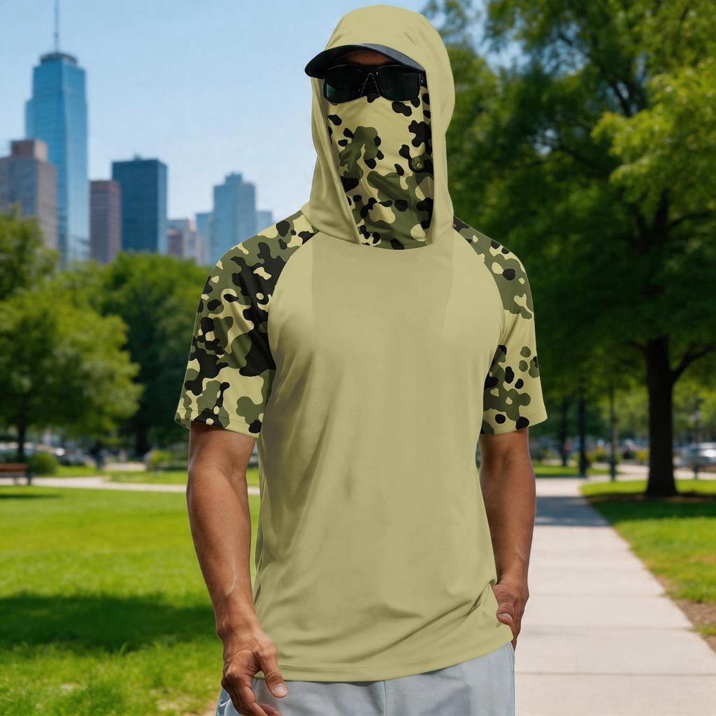 T-shirt estiva da uomo a maniche corte con gradiente mimetico ad asciugatura rapida, abbigliamento da sole, pesca, fitness, sport, maglietta con cappuccio a maniche corte