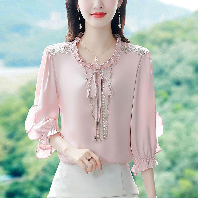 Атласная рубашка женская летняя однотонная универсальная модная темпераментная рубашка с рукавами семь четвертей 4XL