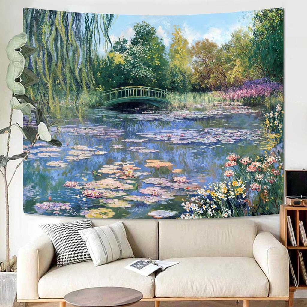 Monet Water Lilies Tapestry Green Floral Plant Tapestries Aesthetic Monet Wall Art Posters Nature Flower Garden Landscape Small