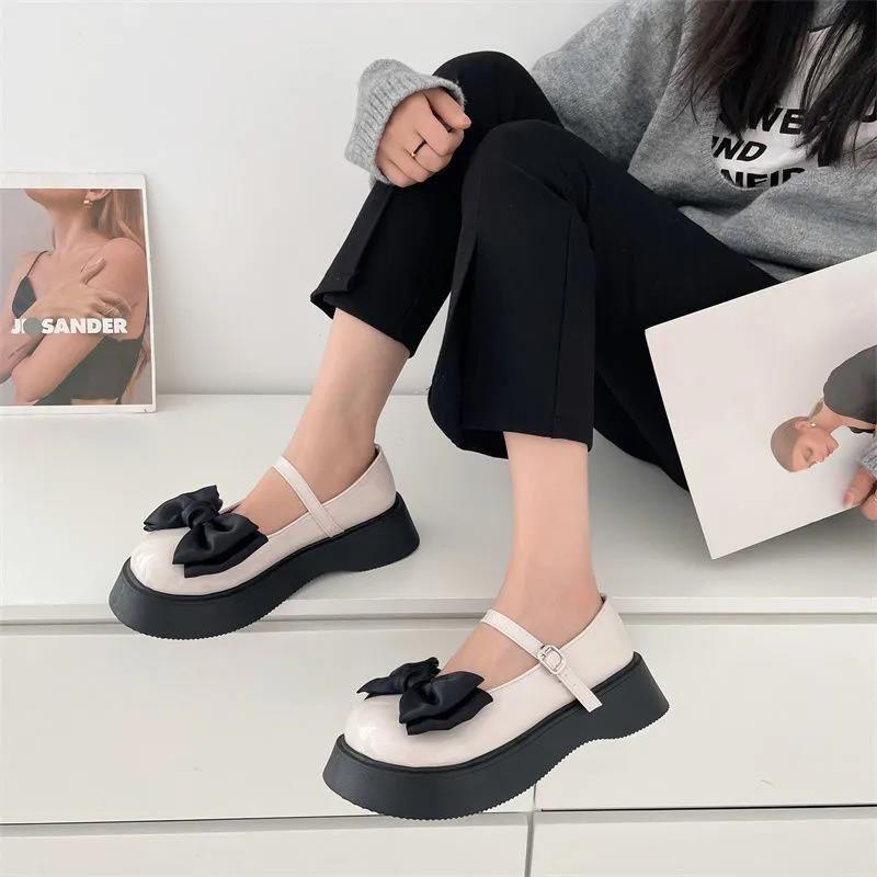 Little fairy Mary Jane shoe girl spring 2025 new bow shallow mouth muffin thick sole non-slip small leather shoes tide