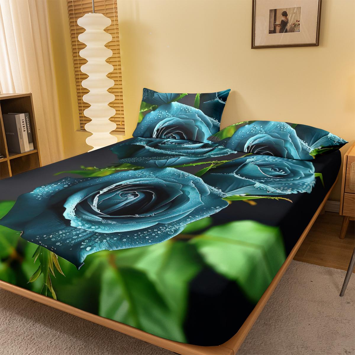 

1 Simple Modern Plant Flower Blue Rose Digital Printed Frosted Fitted Sheet,bedroom Printed Bed Cover,bedding(No Pillowcase) 71x132cm