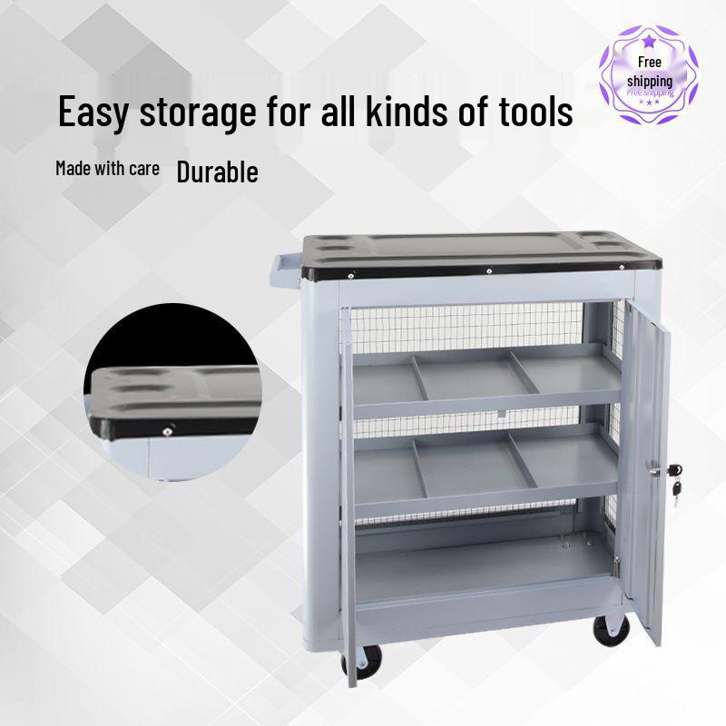 Movable Three-Layer Hand Cart: Multi-functional Auto Repair & Household Tool Box with Cabinet Door