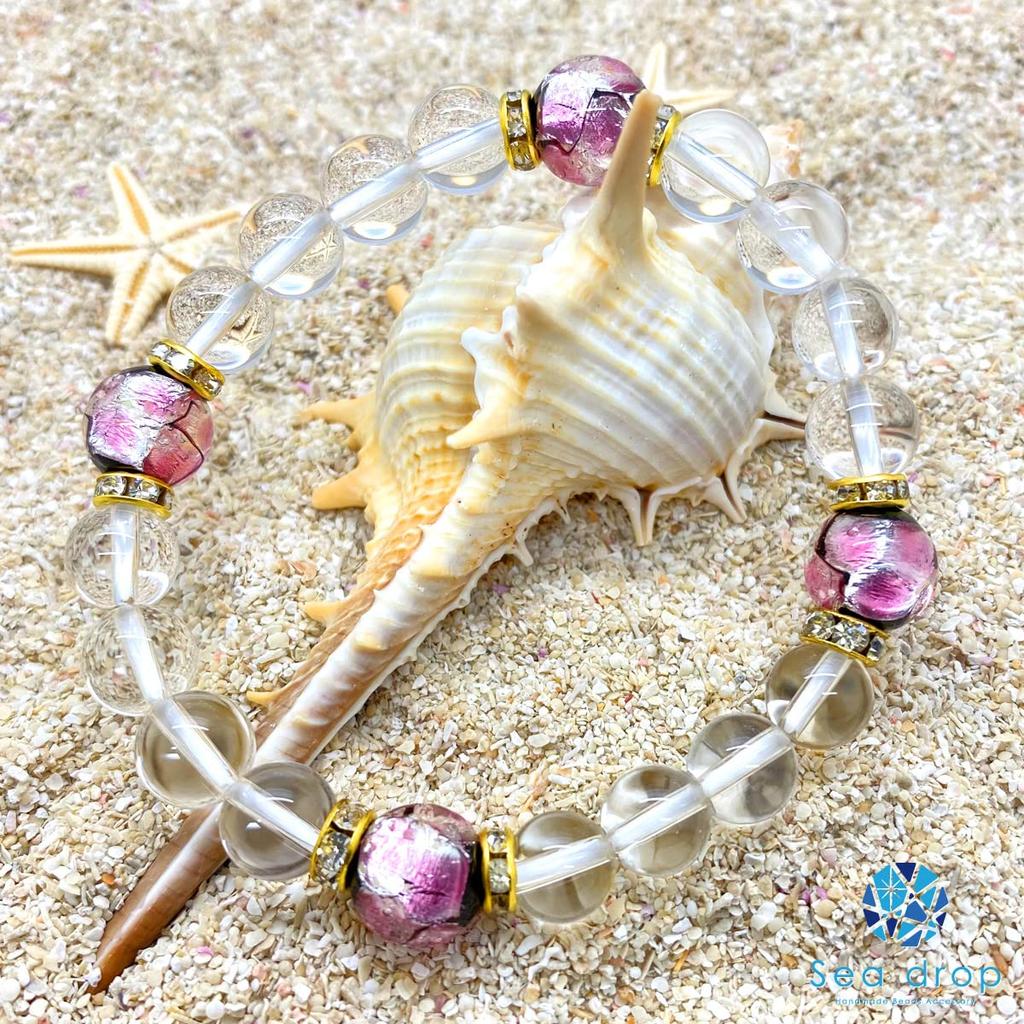 Leuchtendes Glühwürmchen-Glas-Paar-Armband, blauer Onyx 12 mm, rosa Kristall 8 mm, leuchtende Libellenkugel [Meerestropfen] [091bt]