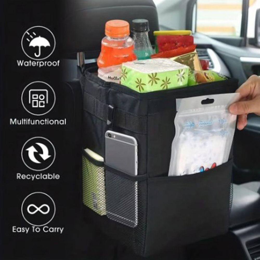 Oxford Cloth Car Storage Bin Washable Hanging Garbage Bag With Lid Car Organizer  Seat Back