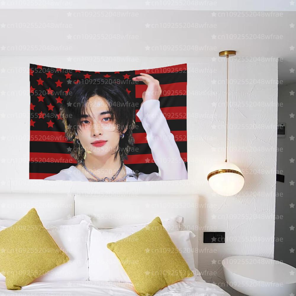 1Pc Skz Hyunjin Kwave American Flag Tapestry For Bedroom Decoration Wall Hanging Party Background Room Durable Decoration