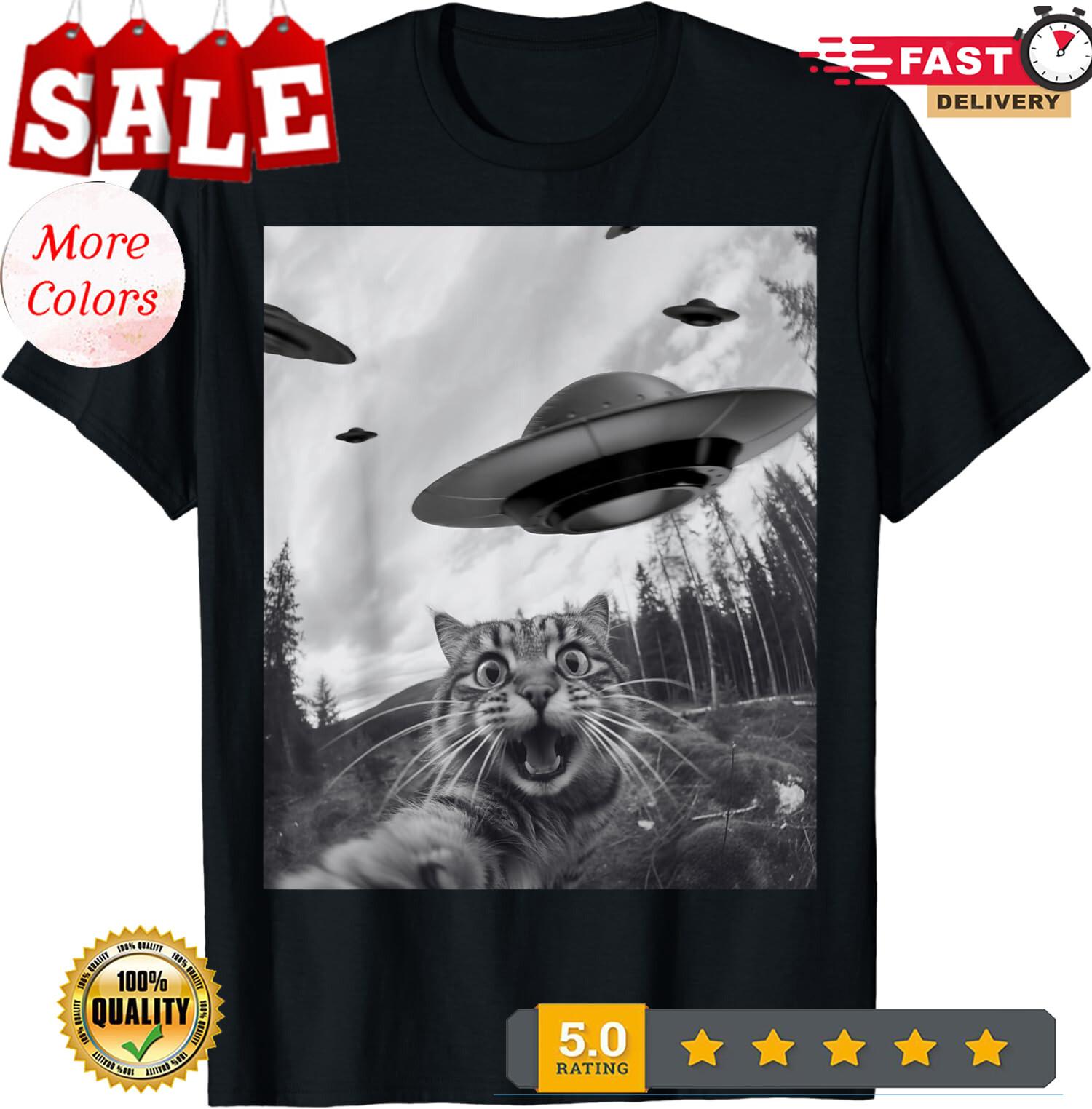 Funny Cat Selfie With Alien UFO Cool Animal Lover Unisex T-Shirt XXXXL