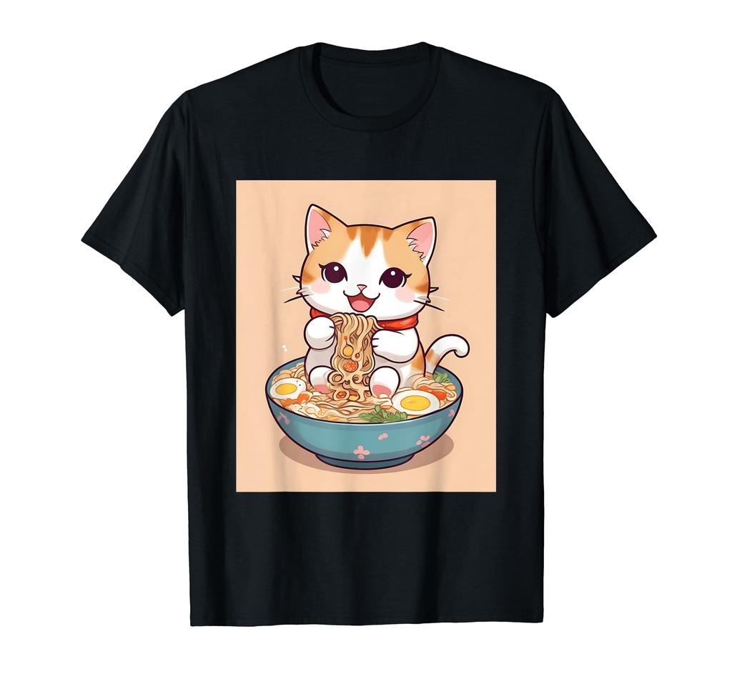 things printed Kawaii, cat, ramen, cute, millet, Japanese, T-shirt