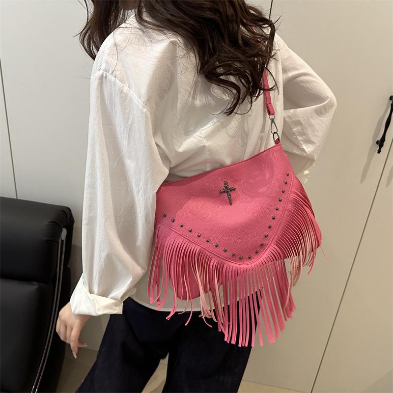 2505 spring and summer season new fashion rivet soft leather trendy casual rivet fringed bag single shoulder oblique span bag women's bag