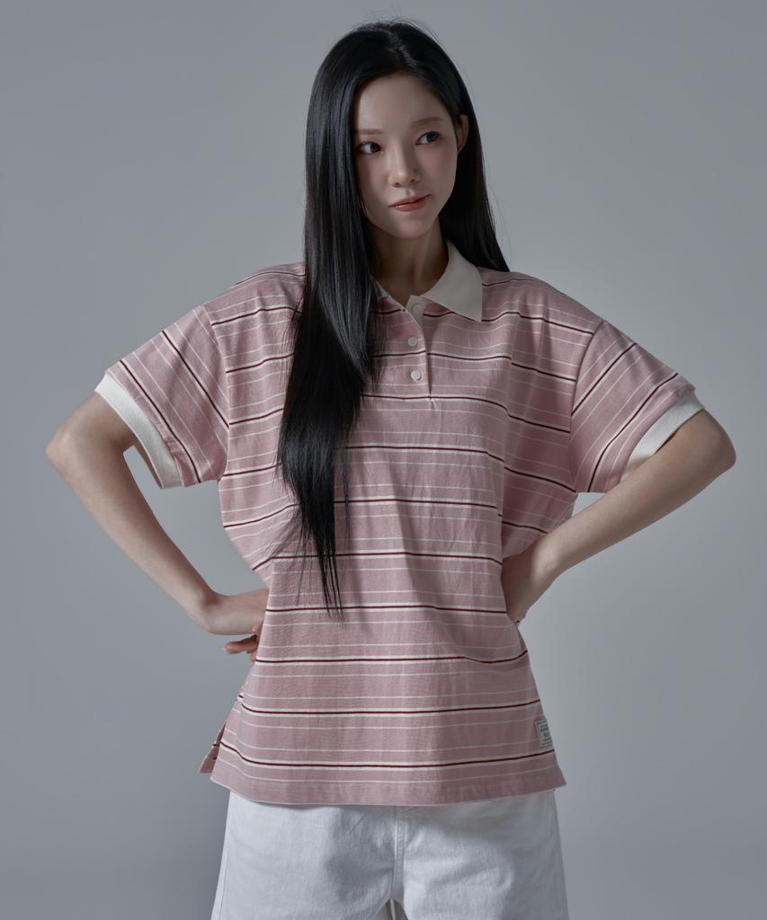 WAARFORWOMAN Wt-61 Rugby Half Collar Short Sleeve T-Shirt_Pink