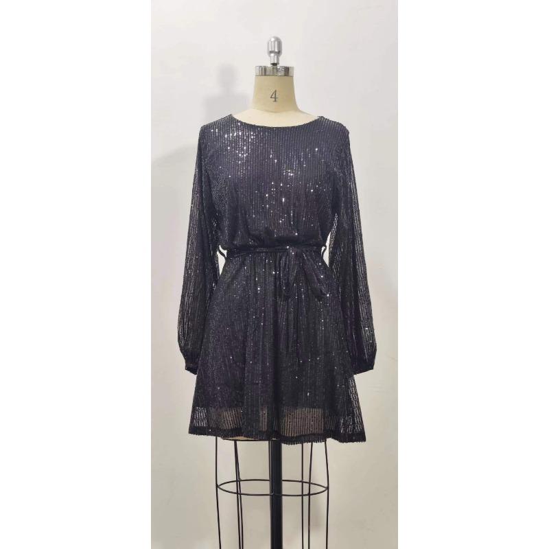 Women Sequins Round Neck Long Sleeve Casual Commute Bodycon Mini Dress