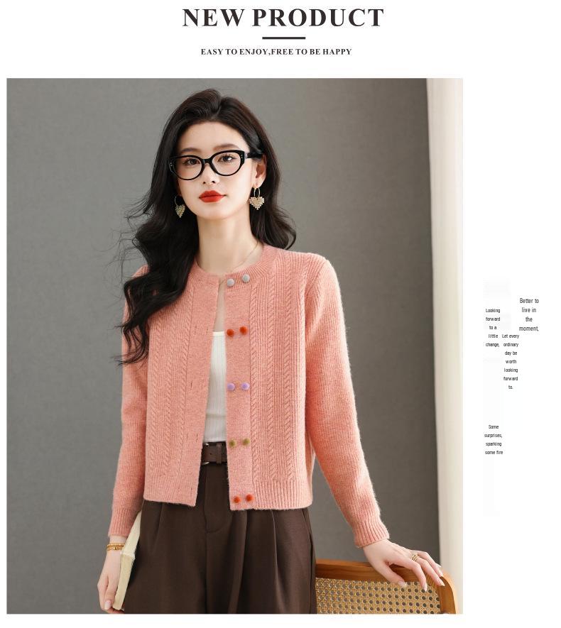 Women's Wool Knit Cardigan - Autumn 2025, Round Neck, Colorful Buttons, Short Sweater Coat