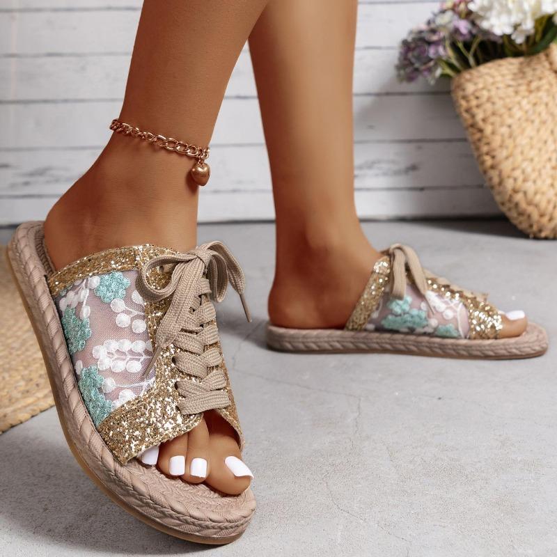 Dámské flitrové síťované vyšívané ležérní pásek ploché pantofle se šněrováním univerzální letní plážové sandály