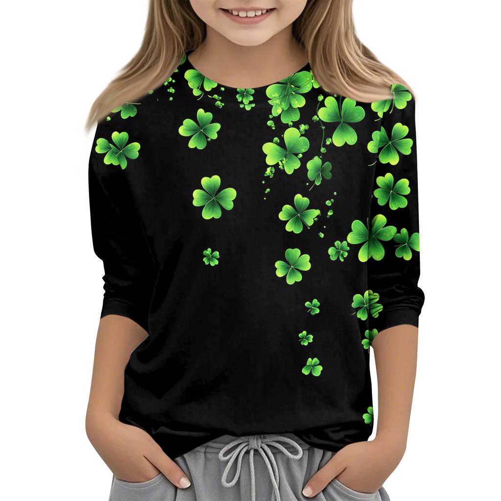 St. Patrick's Day Print Tops Für Jugendliche Mädchen 4-11 Jahre Rundhals 3/4 Ärmel T-Shirts Trendige Tops Outfit T-Shirts