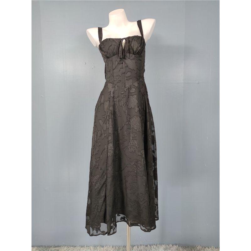 

Foreign Trade Order European and American Lace-up Fishbone Show Figure Split Temperament Sexy Gyaru Slimming Waist Hugging Jacquard Dress Women Black XS