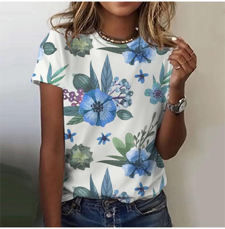 2025 Casual Sports Women's T-shirt Summer New Style Garden Collar Short Sleeve Fresh Floral Loose Lightweight Fabric Casual