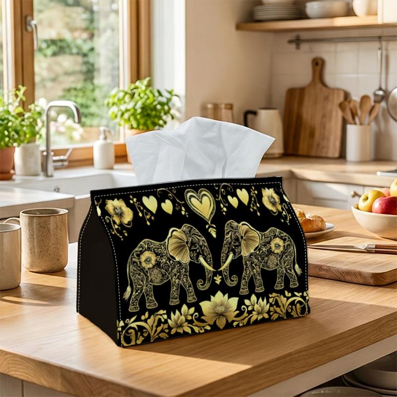 1pc Luxury Ethnic Elephant Golden Tissue Box-Symmetrical Animal Black,Durable Napkin Organizer for Car,Kitchen,Dining,Home Decor-Decorative Tabletop P