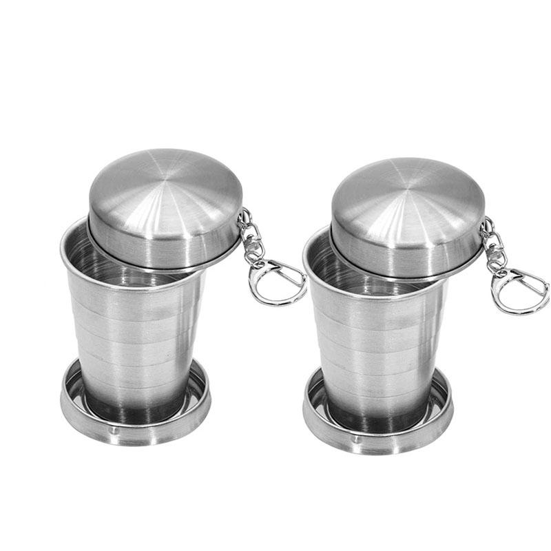 250ml Collapsible Travel Cup With Keychain 2pcs Stainless Steel Folding Camping Cup Portable Drinking Mug Travel Reusable Cups