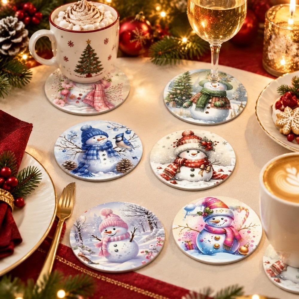 6pcs Snowman Santa Claus Coaster Wooden Coffee Cup Mat Christmas Drink Coaster  Christmas Party