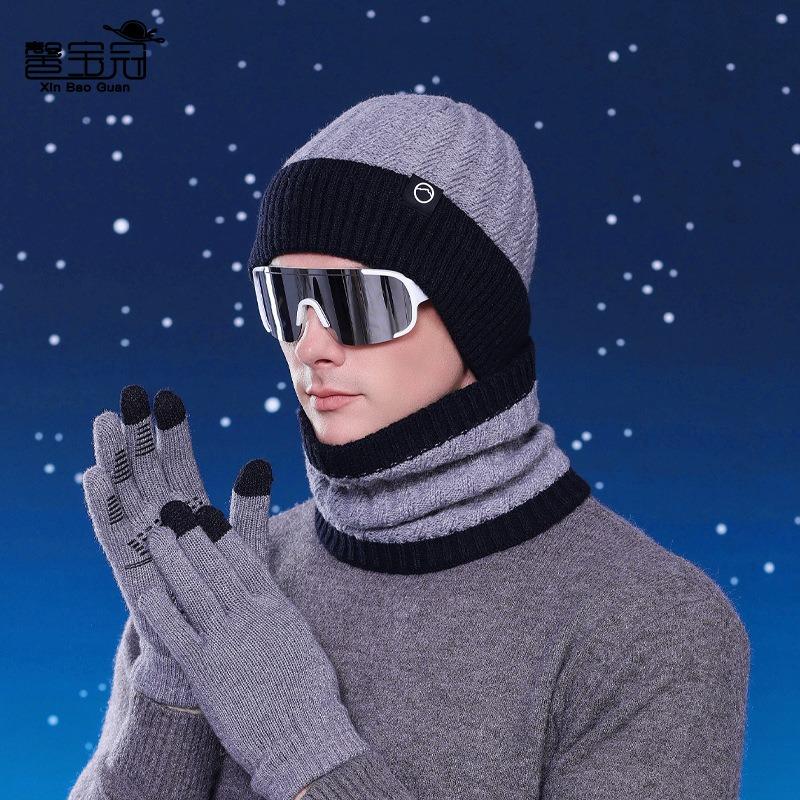 Winter Hat Gloves Scarf Set Men's Knitted Pullover Hat Fleece Warm Ear Protector Wool Hat