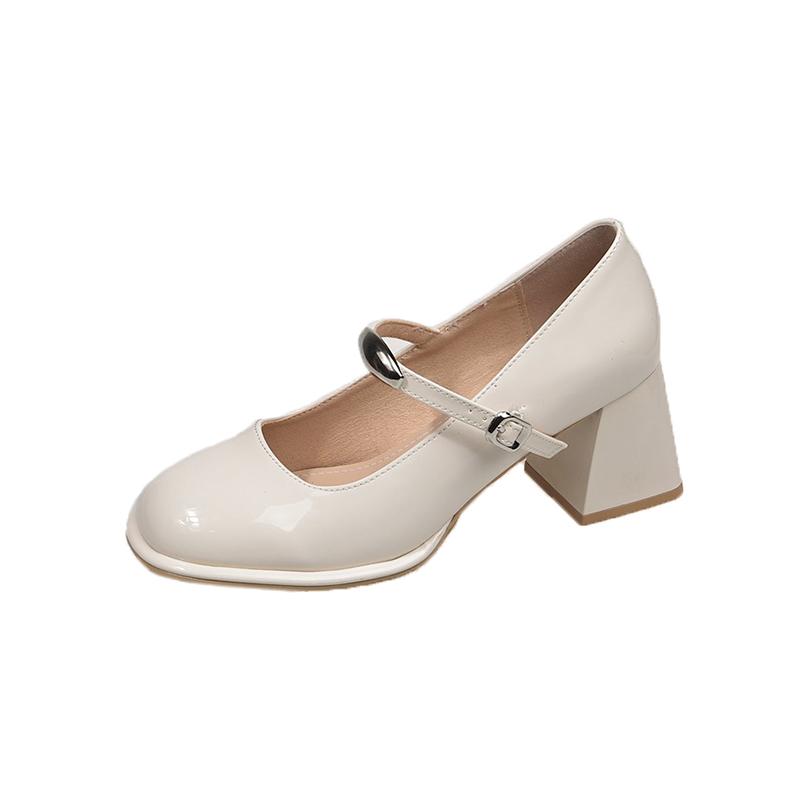 

New Vintage Black Sandals Woman Buckle Non-Slip Casual Medium Heels Office Ladies Solid Elegant Heels Korean 2025 Summer 34 бежевый