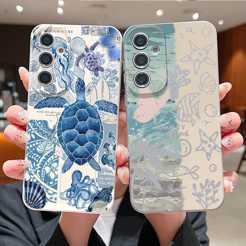 Turtle Fish Print Case For Samsung A57 A37 A17 A56 A36 A16 A55 A35 A15 A54 5G S21 FE S22 S23 S24 Plus S25 S26 Ultra Leather Texture Silicone Cover