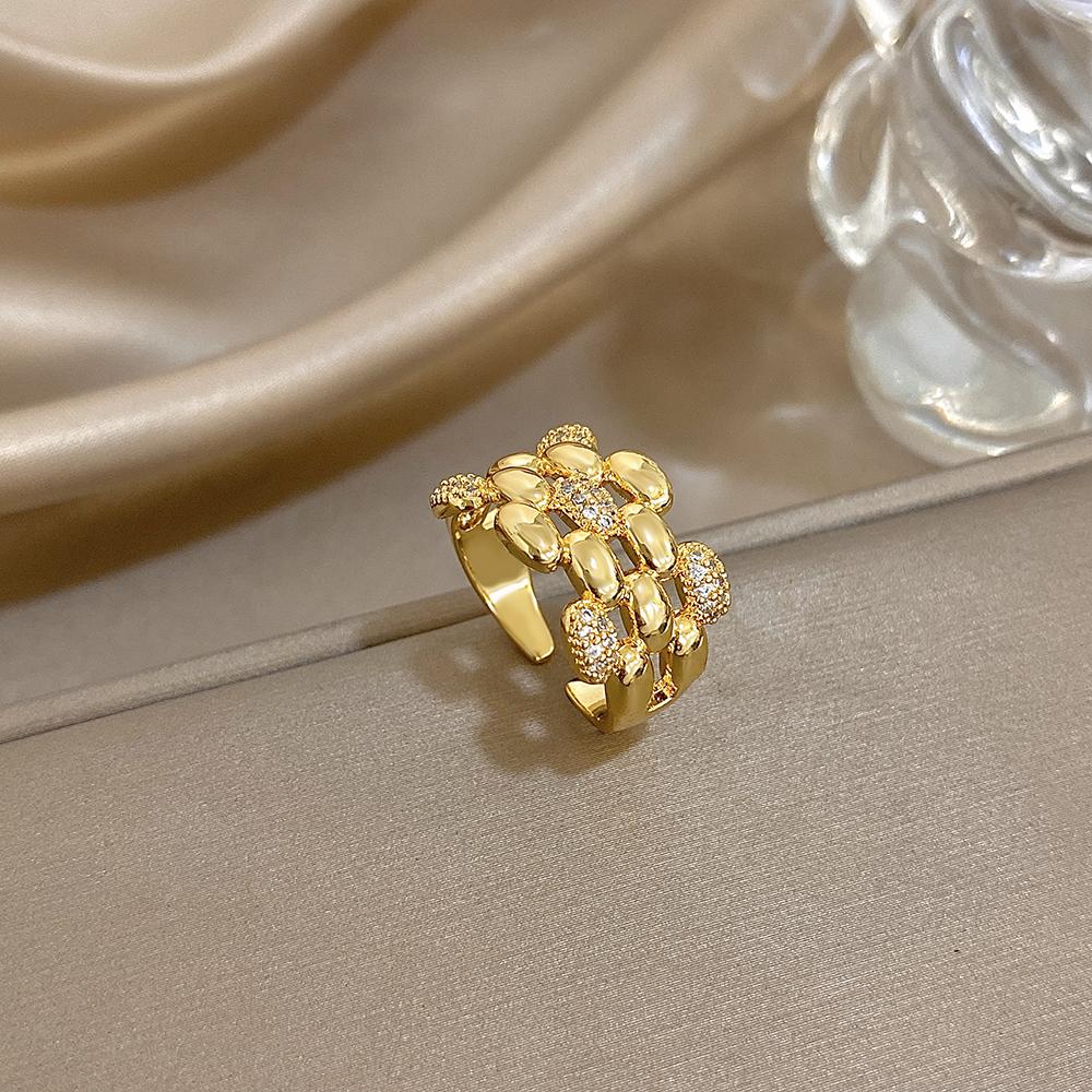 Greatera Hollowed-out Chain Spliced Copper Bracelet Ring Combination Fashion Cubic Zircon Filled Popular Versatile Women Jewelry