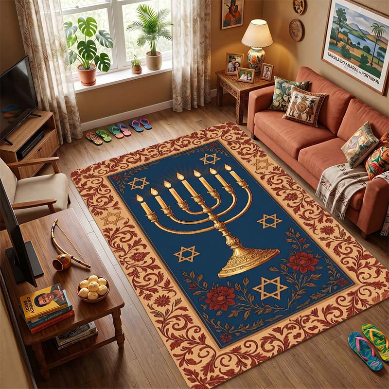 Golden Seven Branch Menorah Vintage Carved Gold Floral Frame Navy Blue Anti-slip Area Rug Jewish Religious Holiday Decor Floor Mat