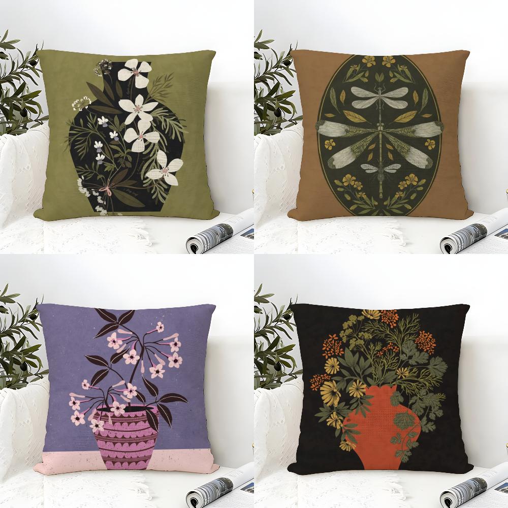 Hot Vintage Vase Print Pillow Case Natural Linen Organic Fabric Double-Sided Printing Sofa Home Decor Cushion Cover