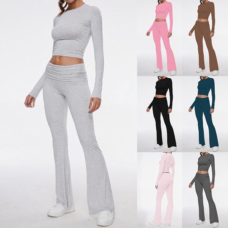 Damen Freizeit Zweiteiler Set Langarm Rundhals Crop Top Hohe Taille Schlaghosen Gestrickt Einfarbig Loungewear Passendes Outfit Set