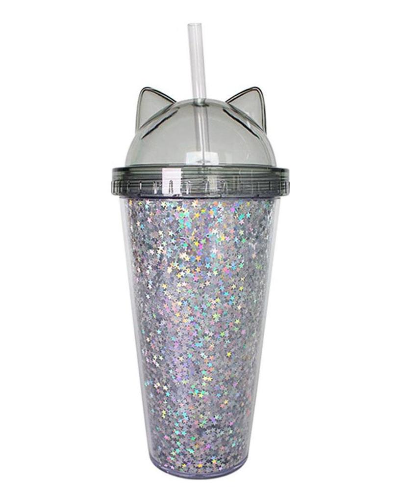 Geschenk-kundenspezifischer Becher-kreativer Plastikwasser-Becher-Strohbecher-nette Katze-Ohr-Flash-Film-Doppelschicht-Becher-Wasser-Flasche