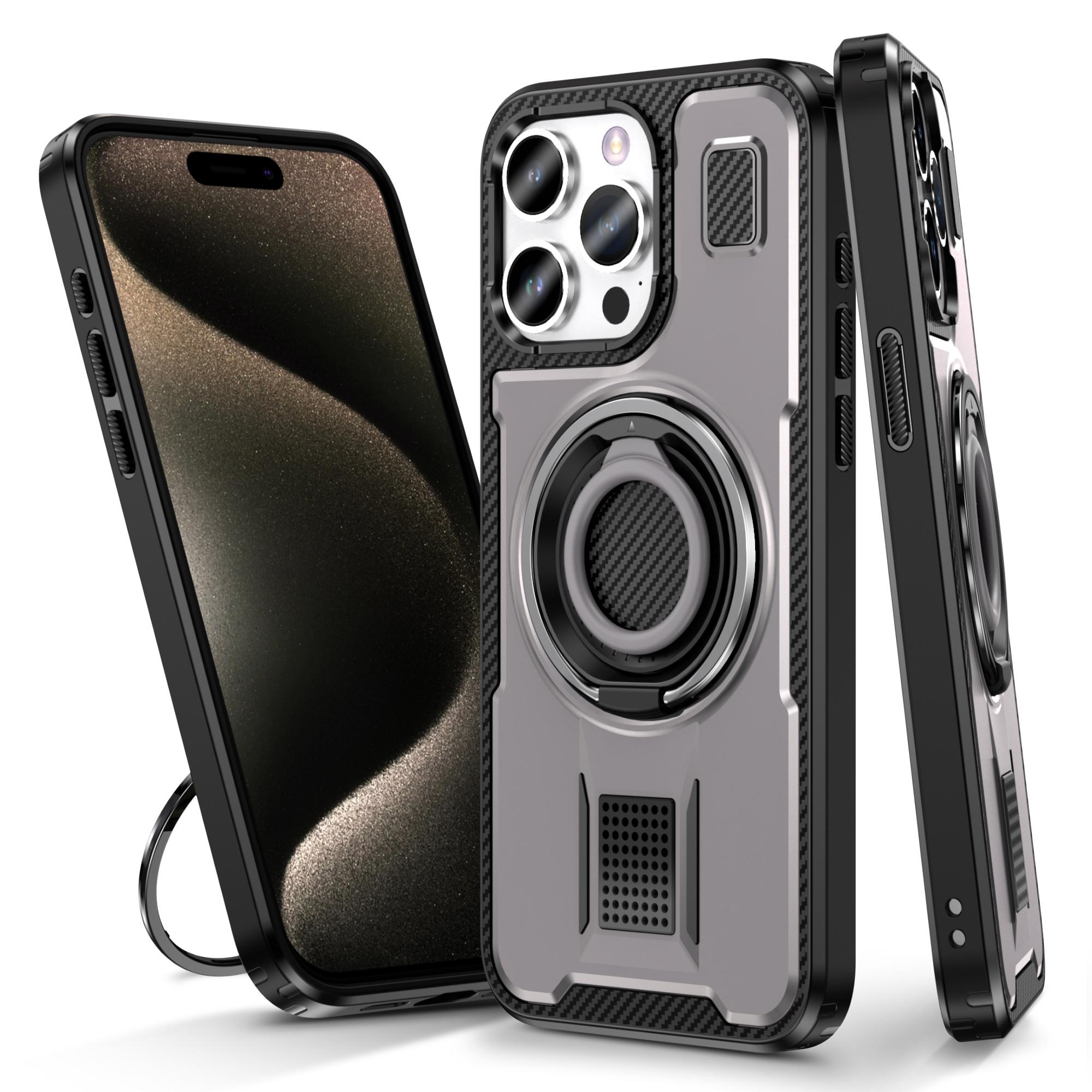 

For iPhone 15 Pro Case TPU+PC Kickstand Phone Cover with Silicone Finger Strap Grey
