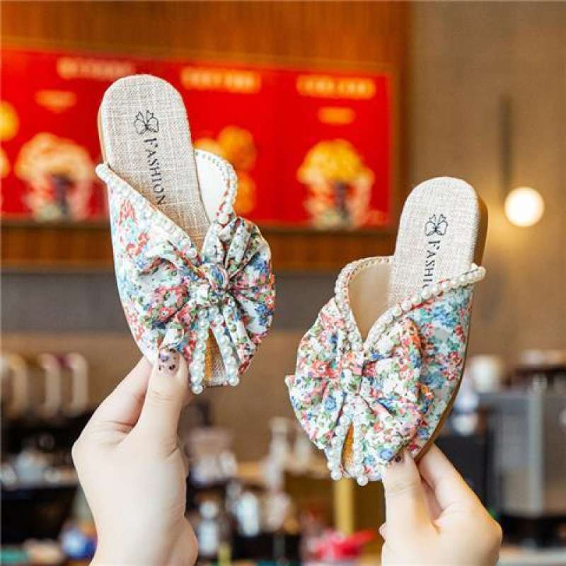 Girls Pearl Bow Fish Mouth Slippers New Summer Soft-soled Girls Princess Shoes Student Korean Version Flat Slippers