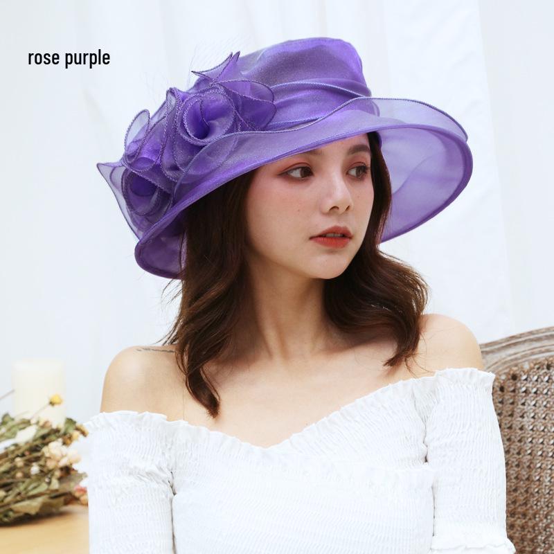 Damen Vintage Sonnenhut mit breiter Krempe und Organzablumen