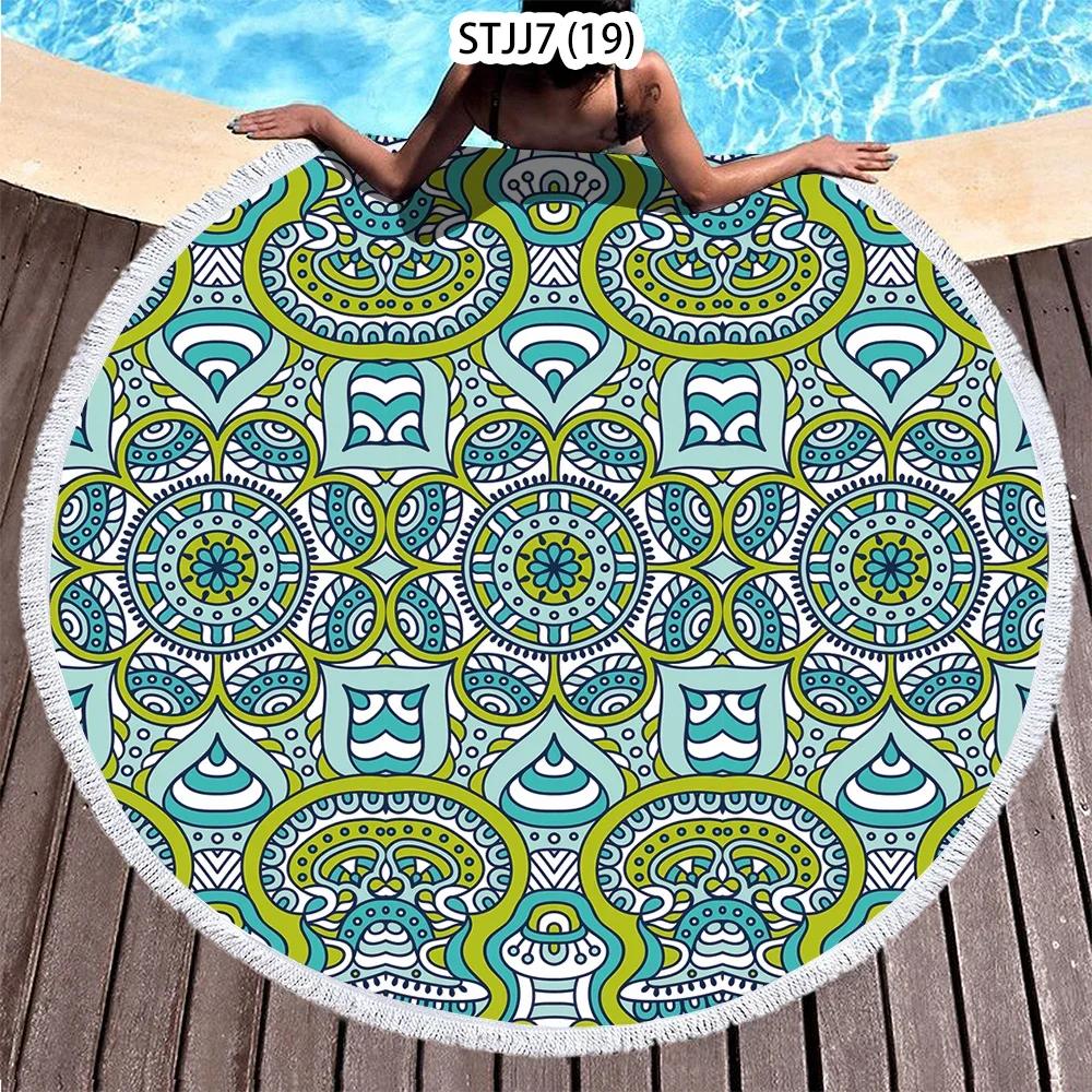 Ethnic Plaid Beach Creative Swimming Towel Microfiber Round Beach Towel Mandala Stripes Adult Large Round Bath Towel