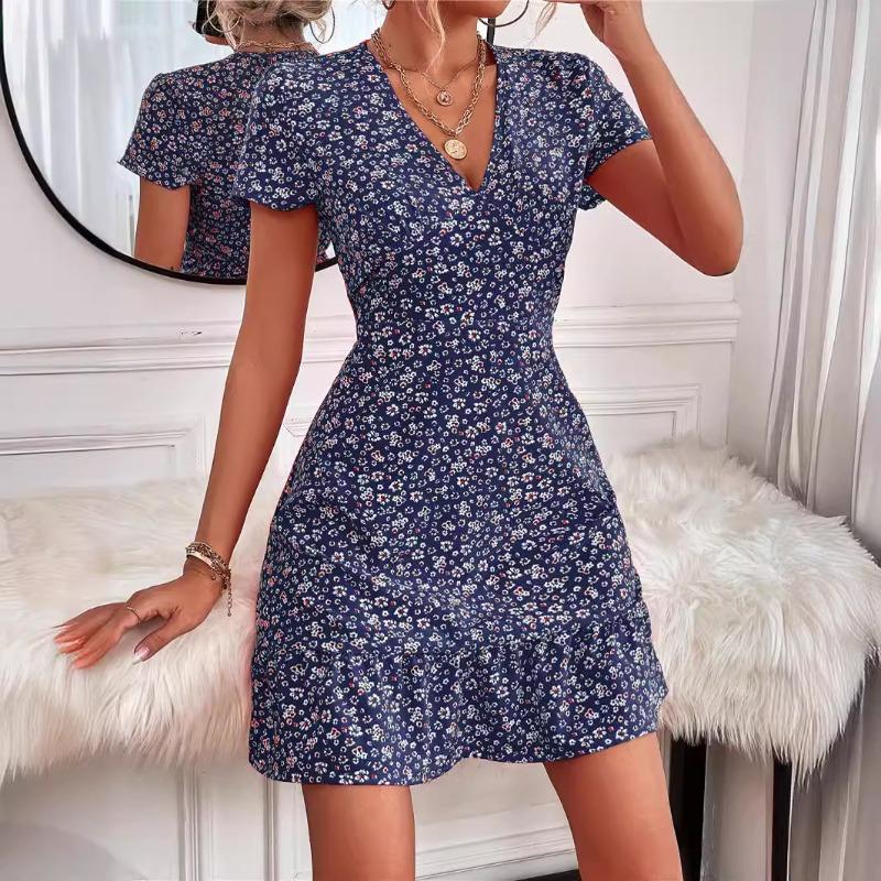 Abito estivo di tendenza europeo e americano sexy con scollo a V profondo e piccolo motivo floreale, elegante, da donna