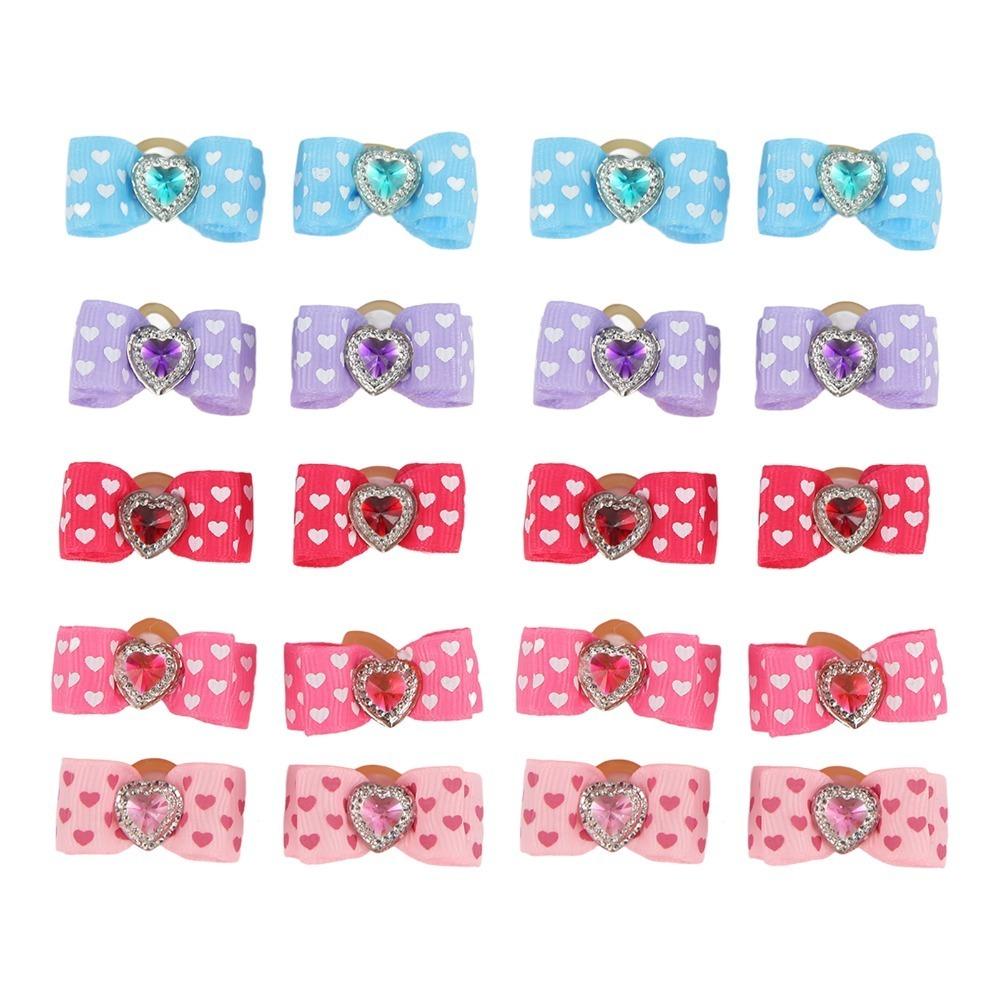 20Pcs Heart Shaped Pet Bow Hair Tie Rhinestone Decor Pet Elastic Hair Band  Pet Appearance Styling Bow Hair Tie