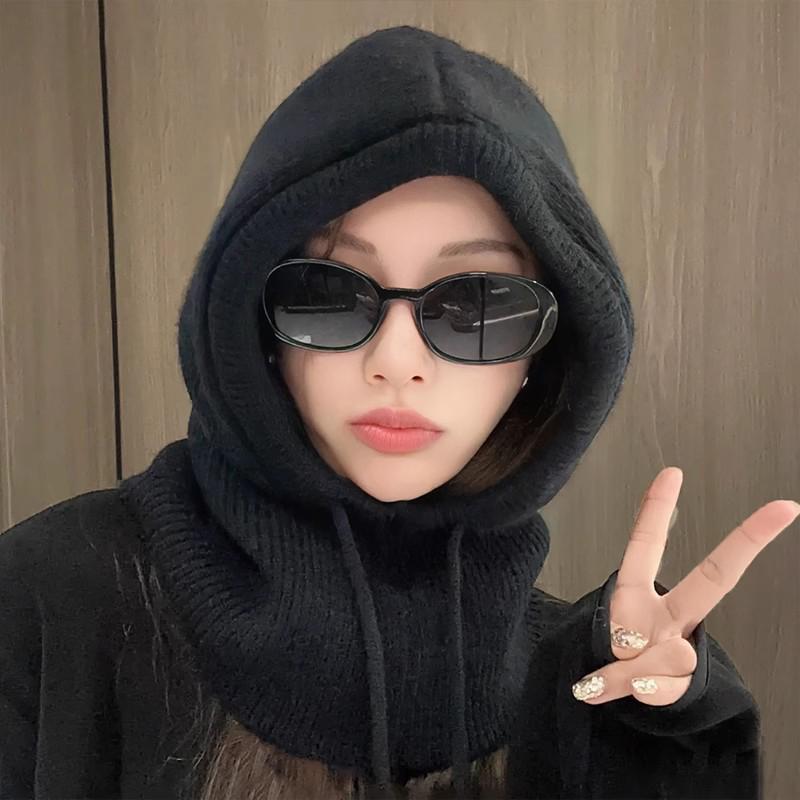 Korean Balaclava Hat Women S Winter Warm Hat Scarf Couple Style Wool Knitted Hat чёрный