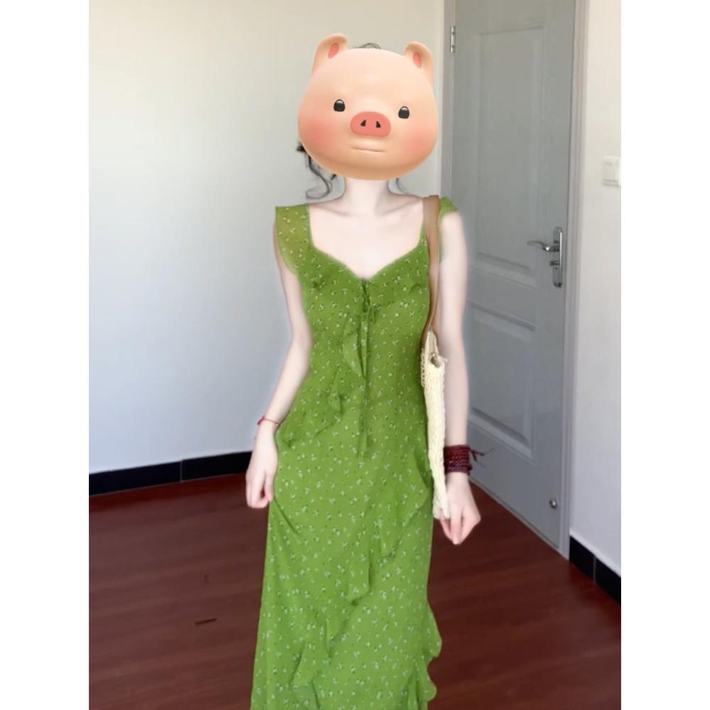 Girls' fashion new summer beautiful lotus leaf edge green floral suspender dress children's seaside vacation waist