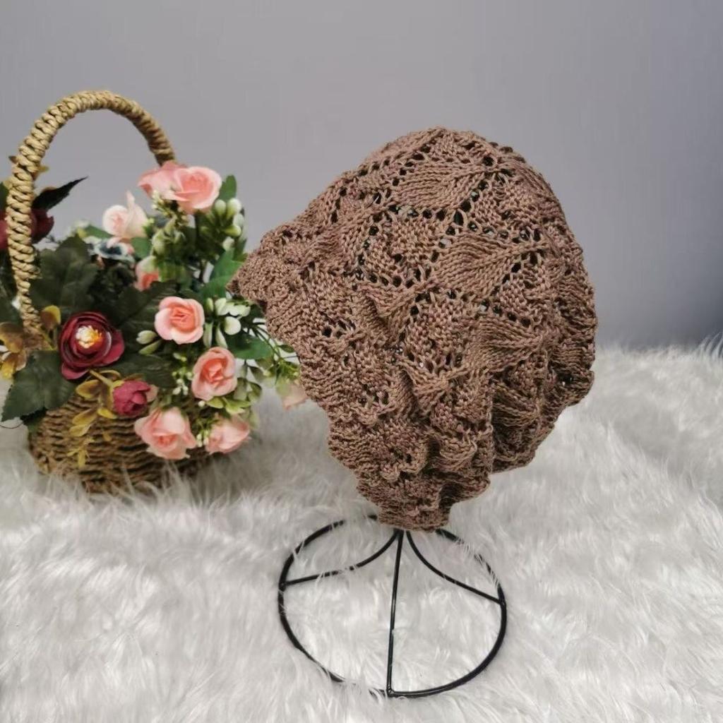 Women's Fashion Hollow Spring and Summer Hat Breathable Lace Thin Headscarf Knitted Slouchy Head Hat Hair Covering Hat